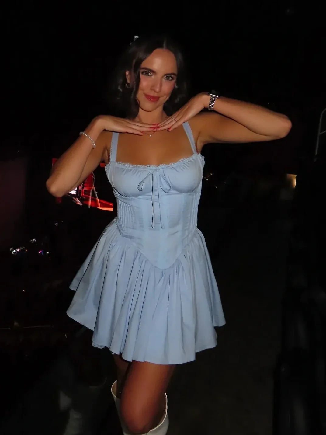 Stylish A Line Square Neck Blue Corset Homecoming Dress with Bowknot SH7942