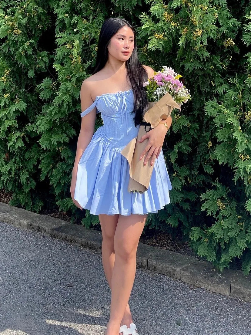 Stylish A Line Square Neck Blue Corset Homecoming Dress with Bowknot SH7942
