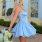 Stylish A Line Square Neck Blue Corset Homecoming Dress with Bowknot SH7942