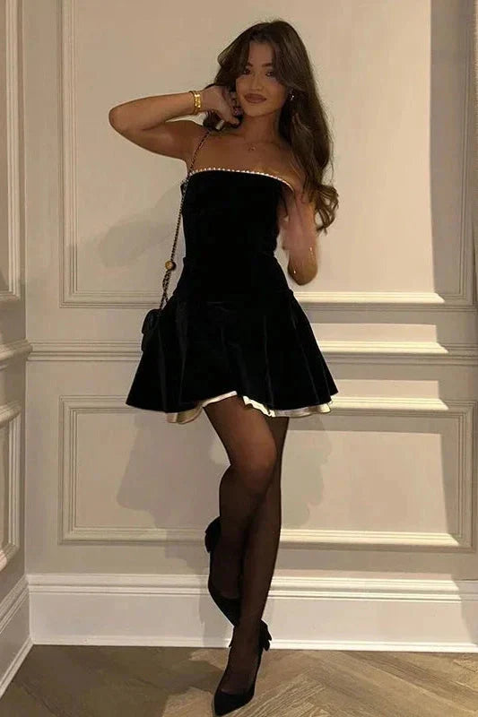 Stylish A Line Strapless Black Short Homecoming Dress with Criss Cross Back SH7745
