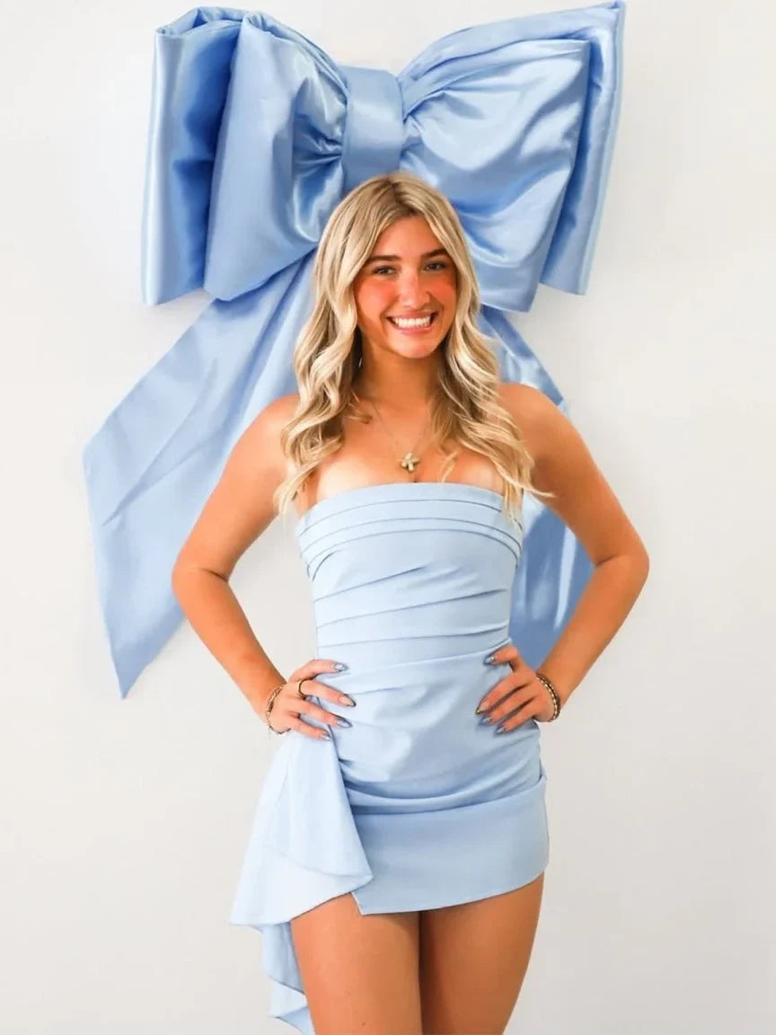 Stylish Bodycon Strapless Blue Satin Short Homecoming Dress with Ruched SH7938