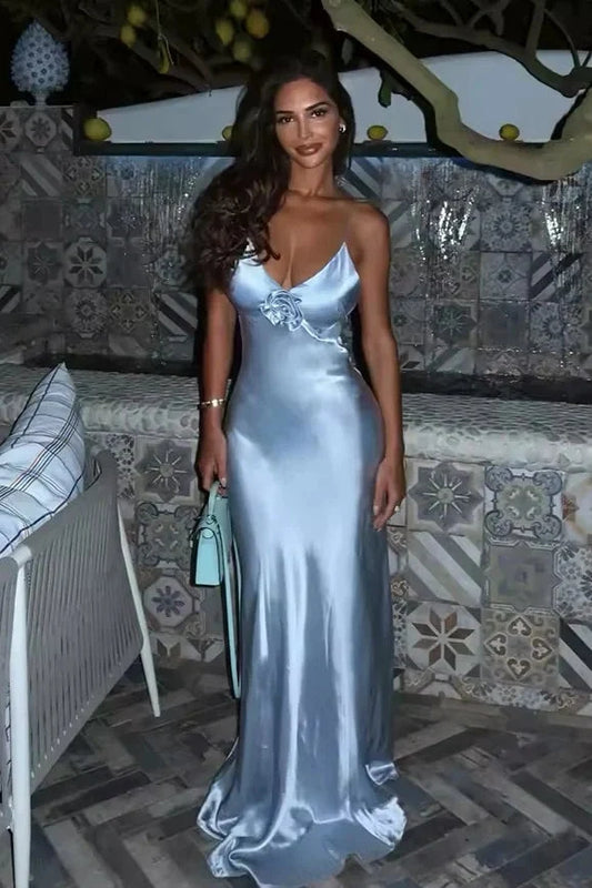 Chic Sheath Spaghetti Straps Grey Blue Long Prom Dress with 3D Flowers SH8096