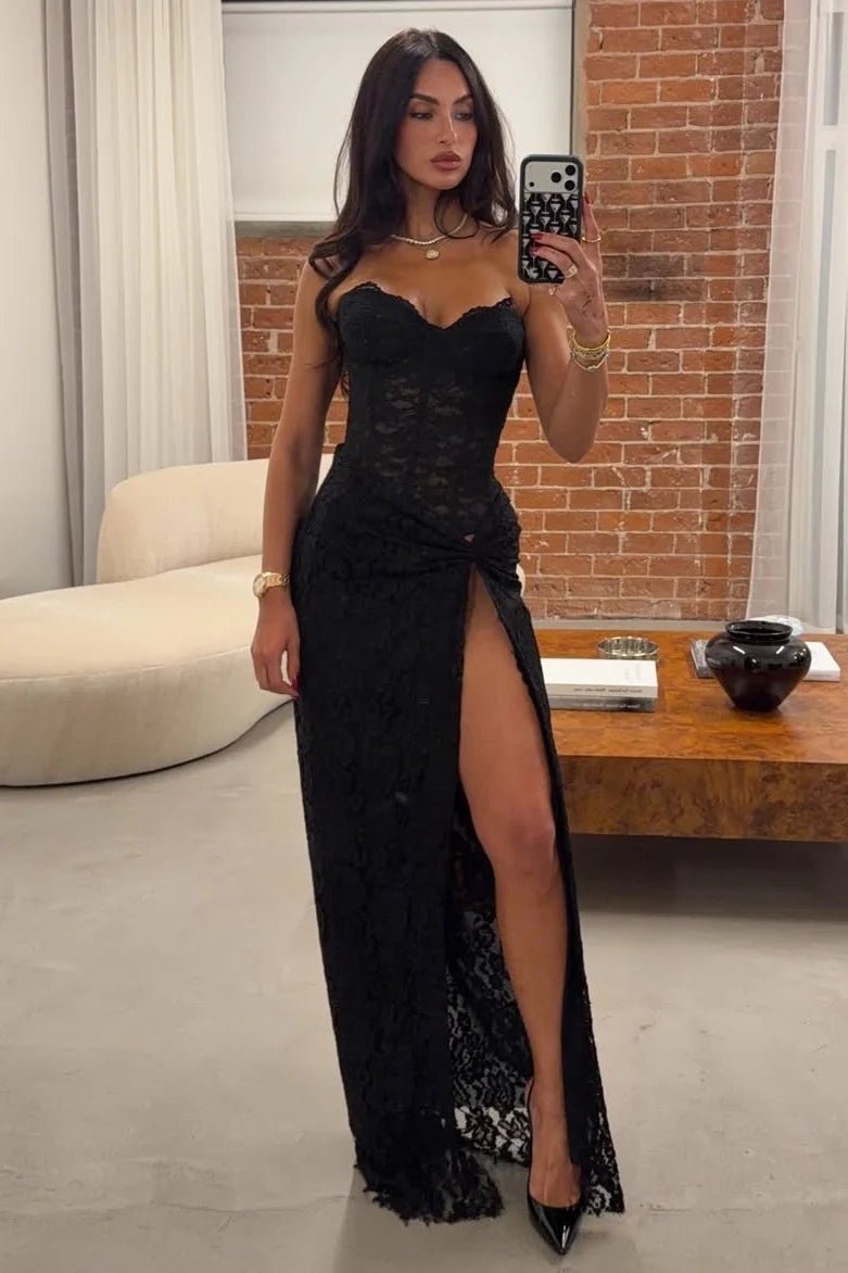 Stylish Mermaid Sweetheart Black Lace Long Party Dress with Split Front SH7771