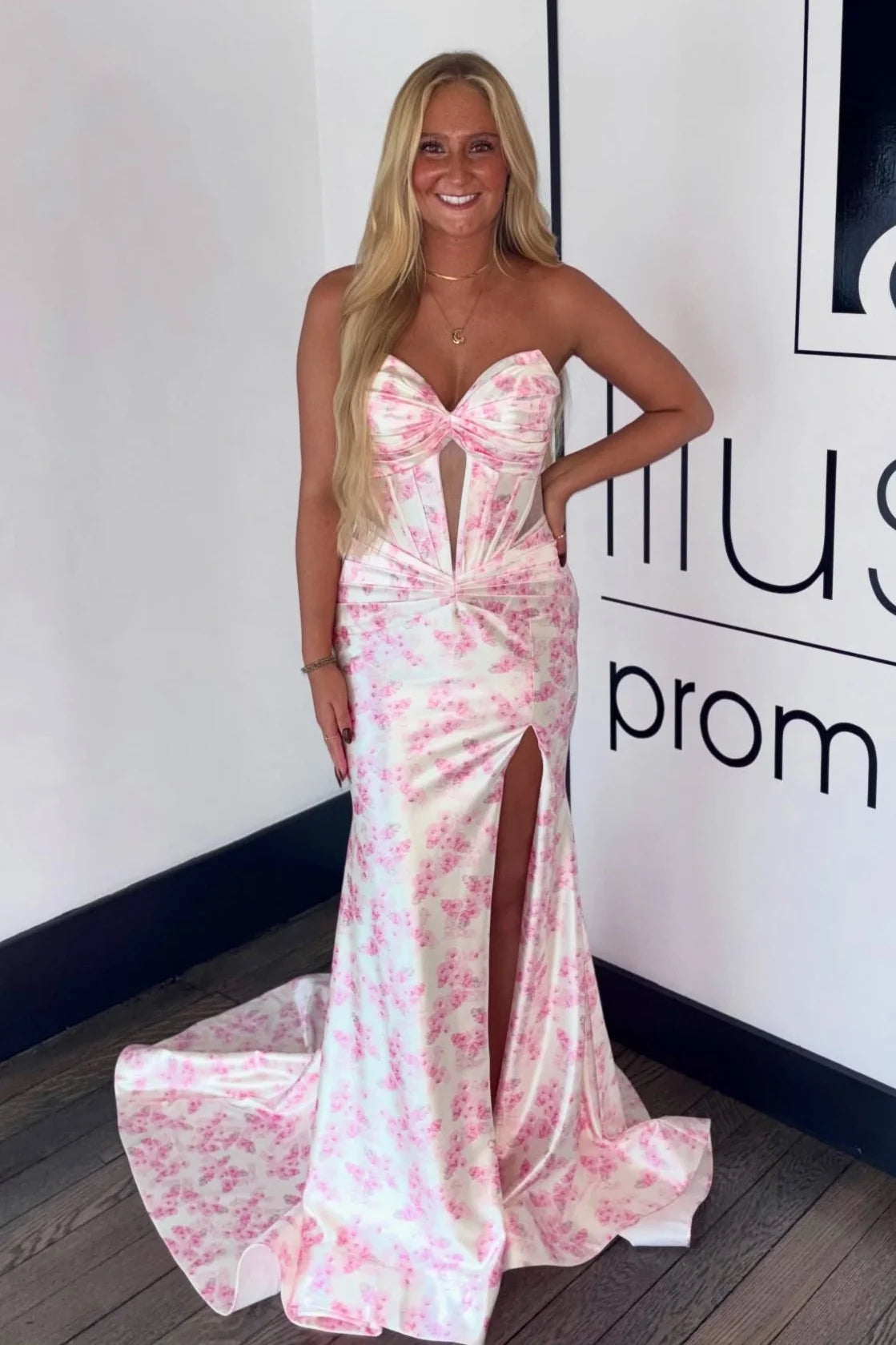 Stylish Mermaid Sweetheart Pink Floral Printed Long Prom Dress with Slit SH8113