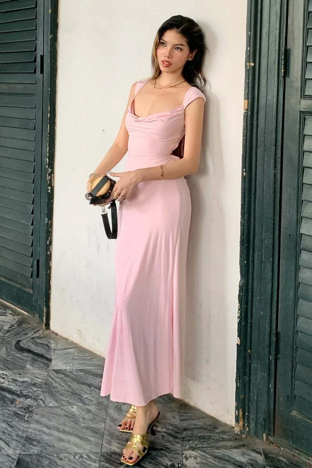Stylish Sheath Straps Pink Satin Long Prom Dress with Criss Cross Back SH7792