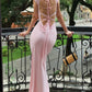 Stylish Sheath Straps Pink Satin Long Prom Dress with Criss Cross Back SH7792