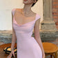 Stylish Sheath Straps Pink Satin Long Prom Dress with Criss Cross Back SH7792