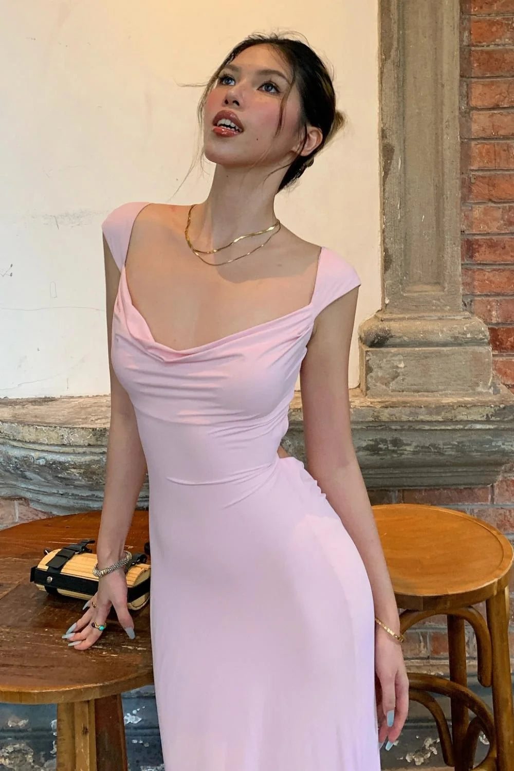 Stylish Sheath Straps Pink Satin Long Prom Dress with Criss Cross Back SH7792