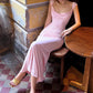 Stylish Sheath Straps Pink Satin Long Prom Dress with Criss Cross Back SH7792