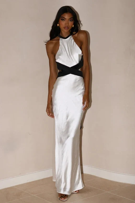 Stylish Sheath Halter Neck White Long Party Dress with Open Back SH7785