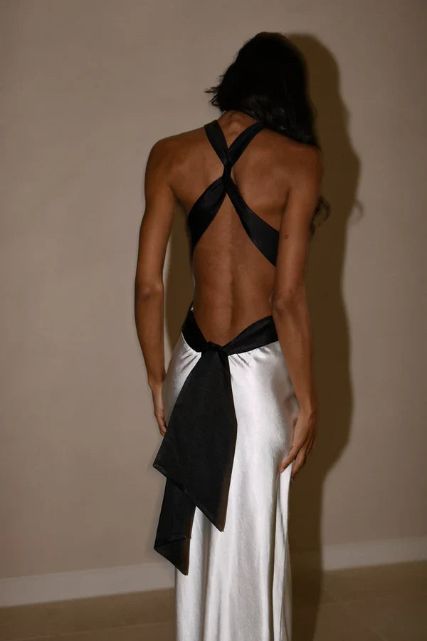 Stylish Sheath Halter Neck White Long Party Dress with Open Back SH7785