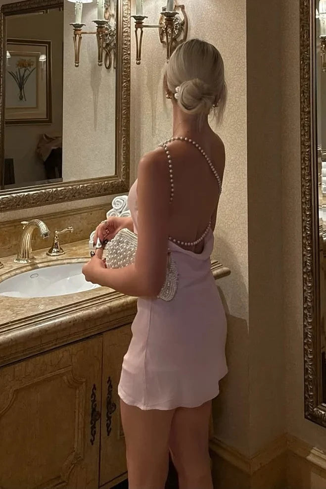 Stylish Sheath One Shoulder Pink Short Homecoming Dress with Pearls SH7921