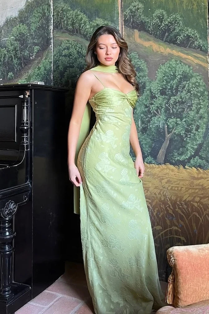 Stylish Sheath Spaghetti Straps Green Long Prom Dress with Scarf SH7624