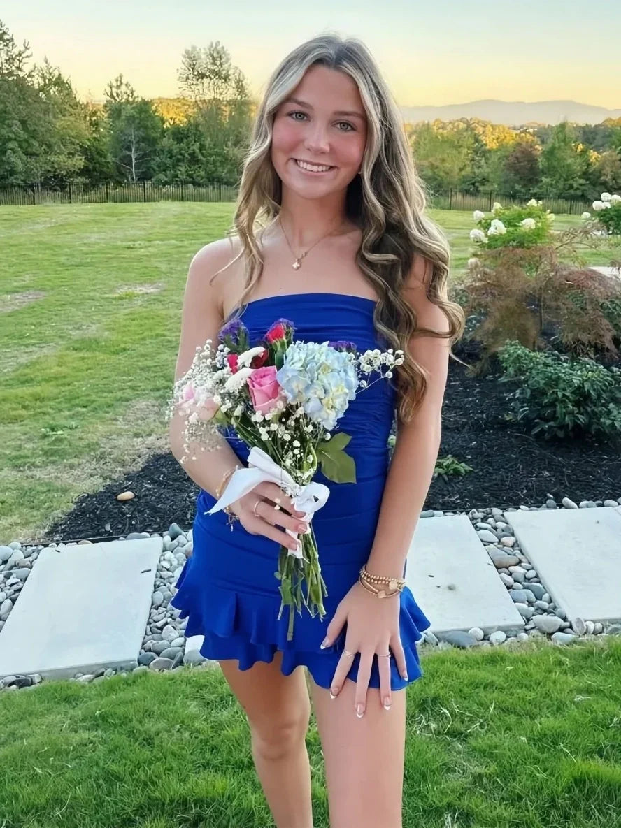 Stylish Sheath Strapless Royal Blue Short Homecoming Dress with Ruffles SH7932