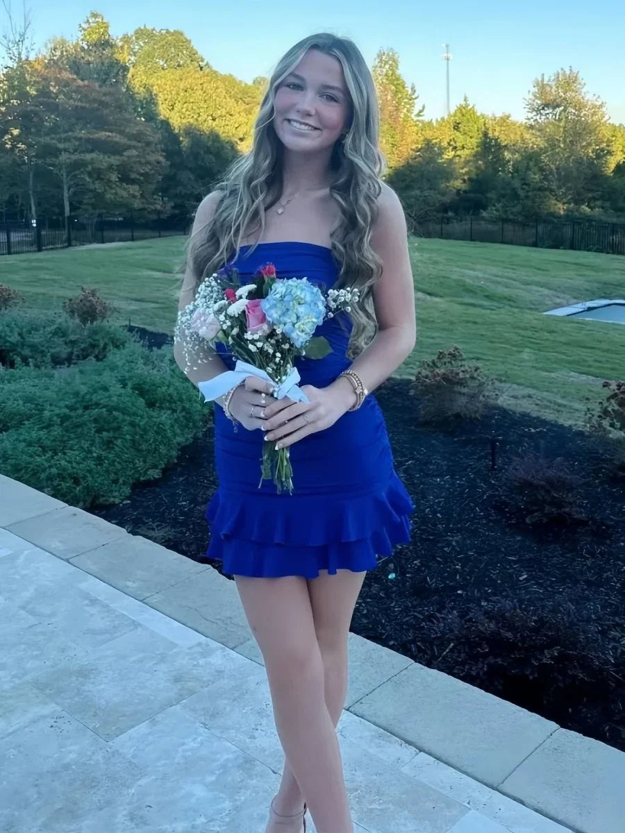 Stylish Sheath Strapless Royal Blue Short Homecoming Dress with Ruffles SH7932