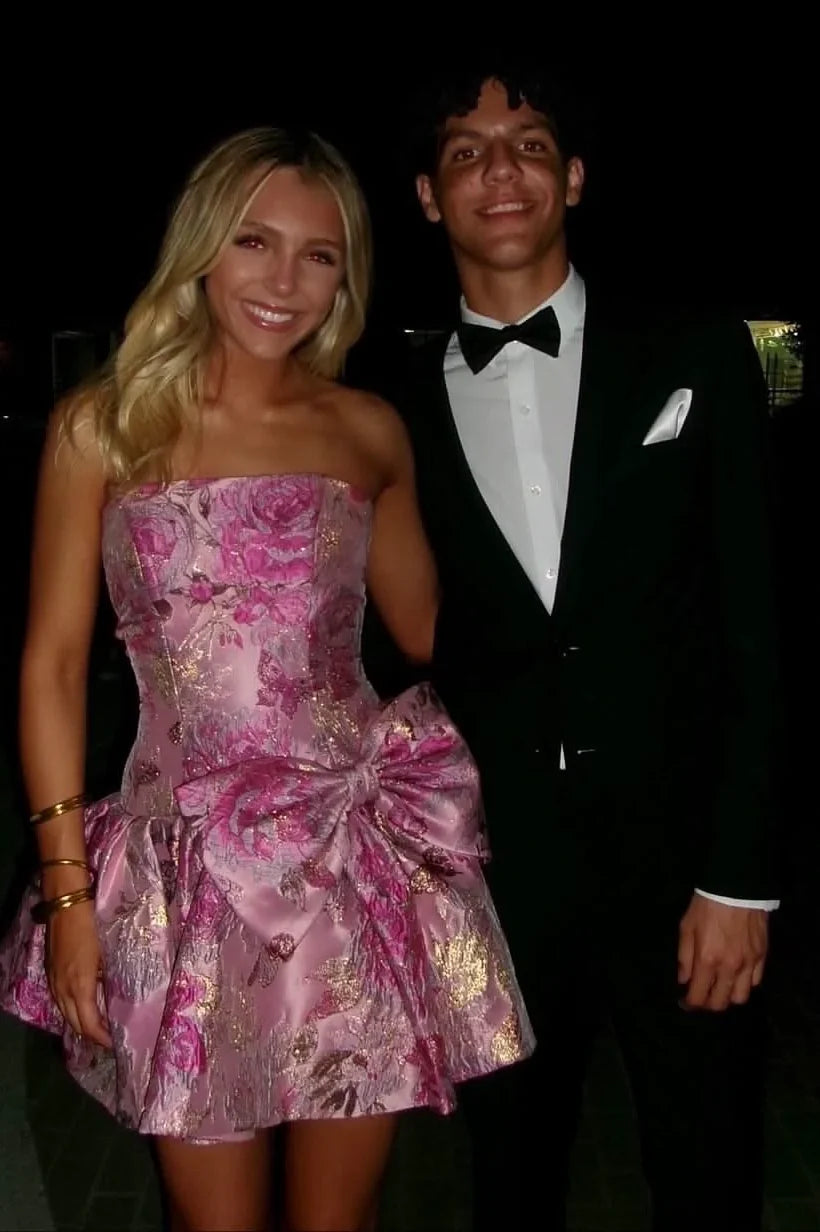 Stylish A Line Strapless Pink Printed Short Homecoming Dress with Bowknot SH7520