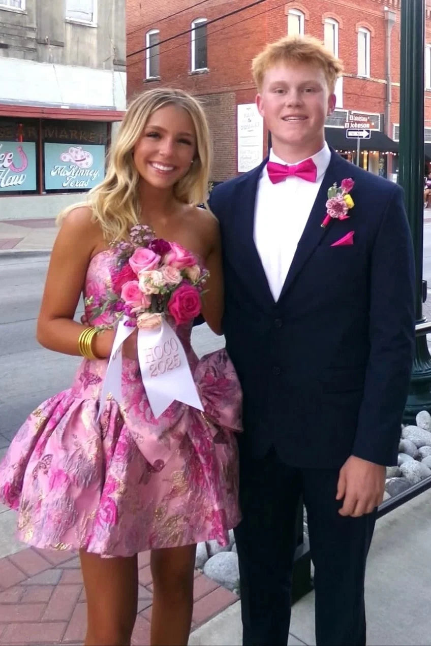 Stylish A Line Strapless Pink Printed Short Homecoming Dress with Bowknot SH7520