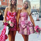 Stylish A Line Strapless Pink Printed Short Homecoming Dress with Bowknot SH7520