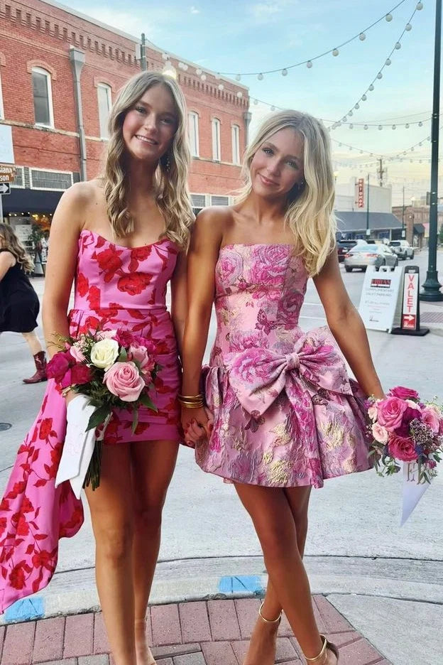Stylish A Line Strapless Pink Printed Short Homecoming Dress with Bowknot SH7520