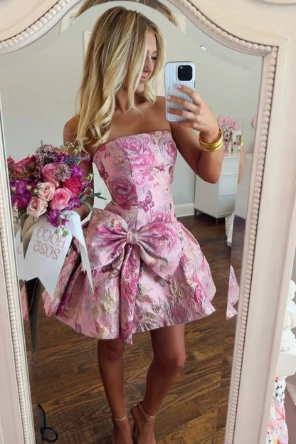 Stylish A Line Strapless Pink Printed Short Homecoming Dress with Bowknot SH7520