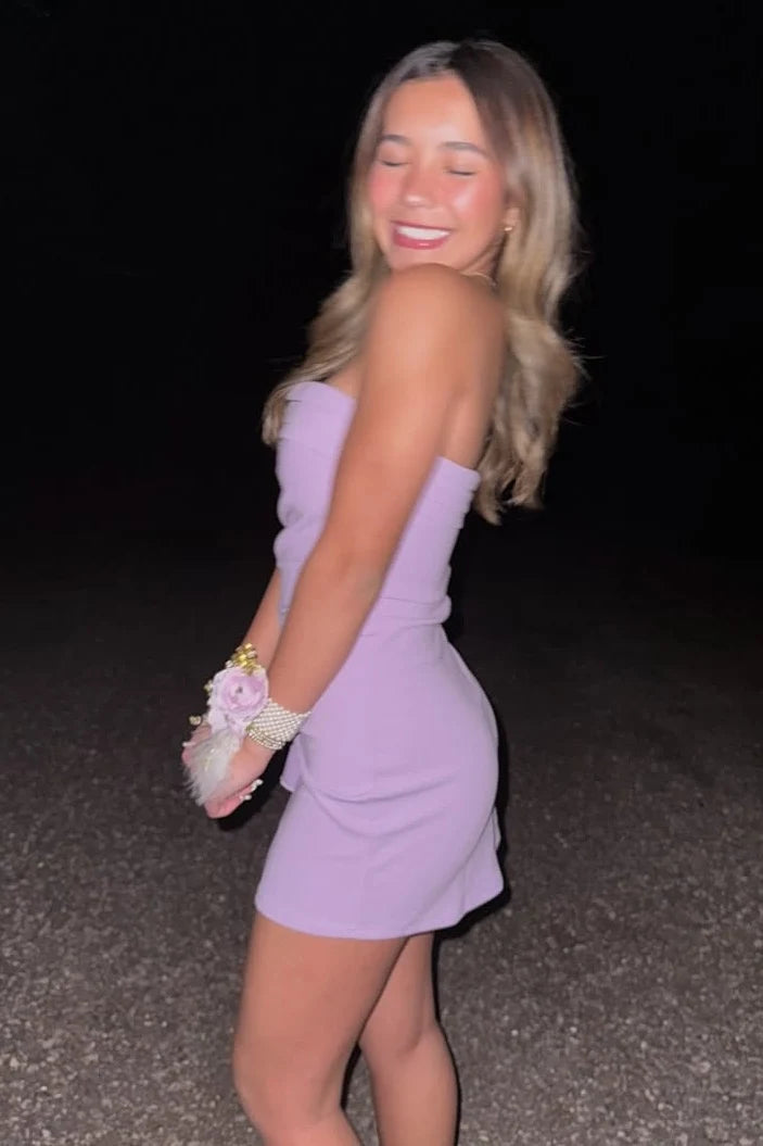 Stylish Bodycon Strapless Lilac Satin Short Homecoming Dress with Ruched SH7940