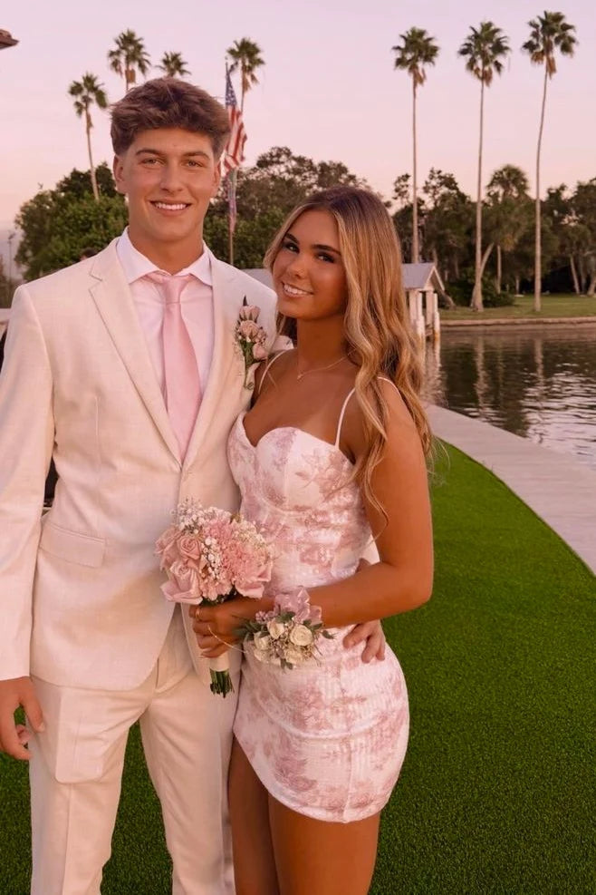Stylish Sheath Spaghetti Straps Pink Floral Printed Sequins Short Homecoming Dress SH7489