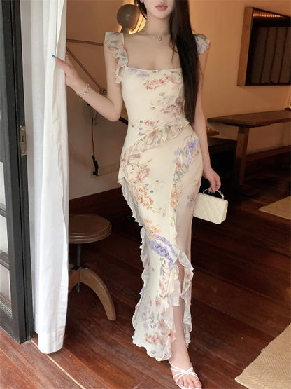 Pretty Mermaid Straps Print Floral Ruffle Chiffon Long Prom Dress Evening Dress SH2018