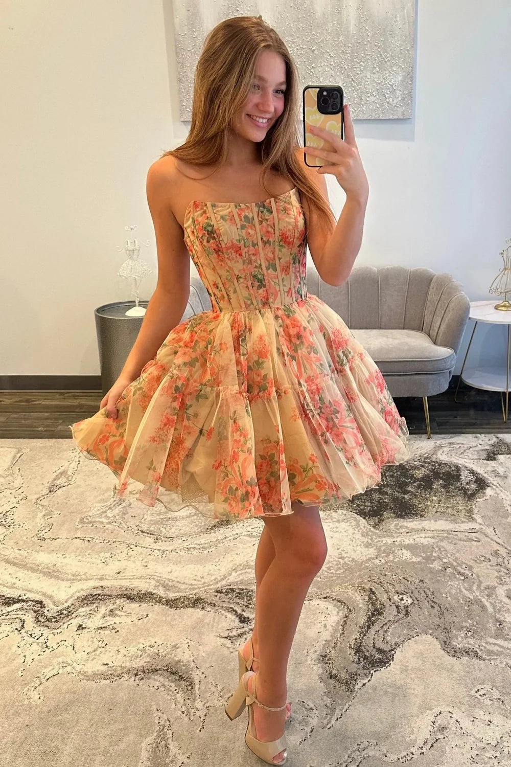 Sweety A Line Strapless Nude Floral Printed Corset Homecoming Dress with Ruffles SH7977