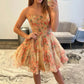 Sweety A Line Strapless Nude Floral Printed Corset Homecoming Dress with Ruffles SH7977