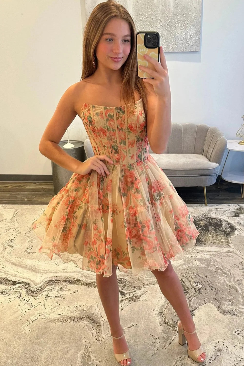 Sweety A Line Strapless Nude Floral Printed Corset Homecoming Dress with Ruffles SH7977