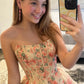 Sweety A Line Strapless Nude Floral Printed Corset Homecoming Dress with Ruffles SH7977