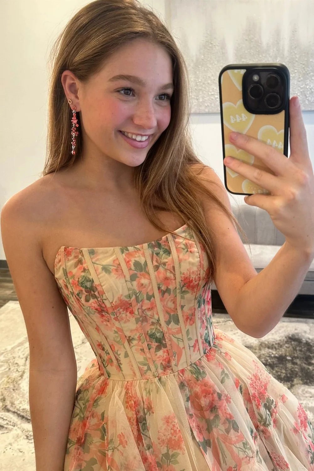 Sweety A Line Strapless Nude Floral Printed Corset Homecoming Dress with Ruffles SH7977