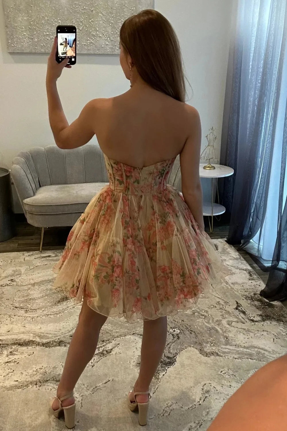 Sweety A Line Strapless Nude Floral Printed Corset Homecoming Dress with Ruffles SH7977