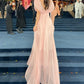Elegant A Line V Neck Pink Chiffon Long Prom Dress with Ruffles SH7622