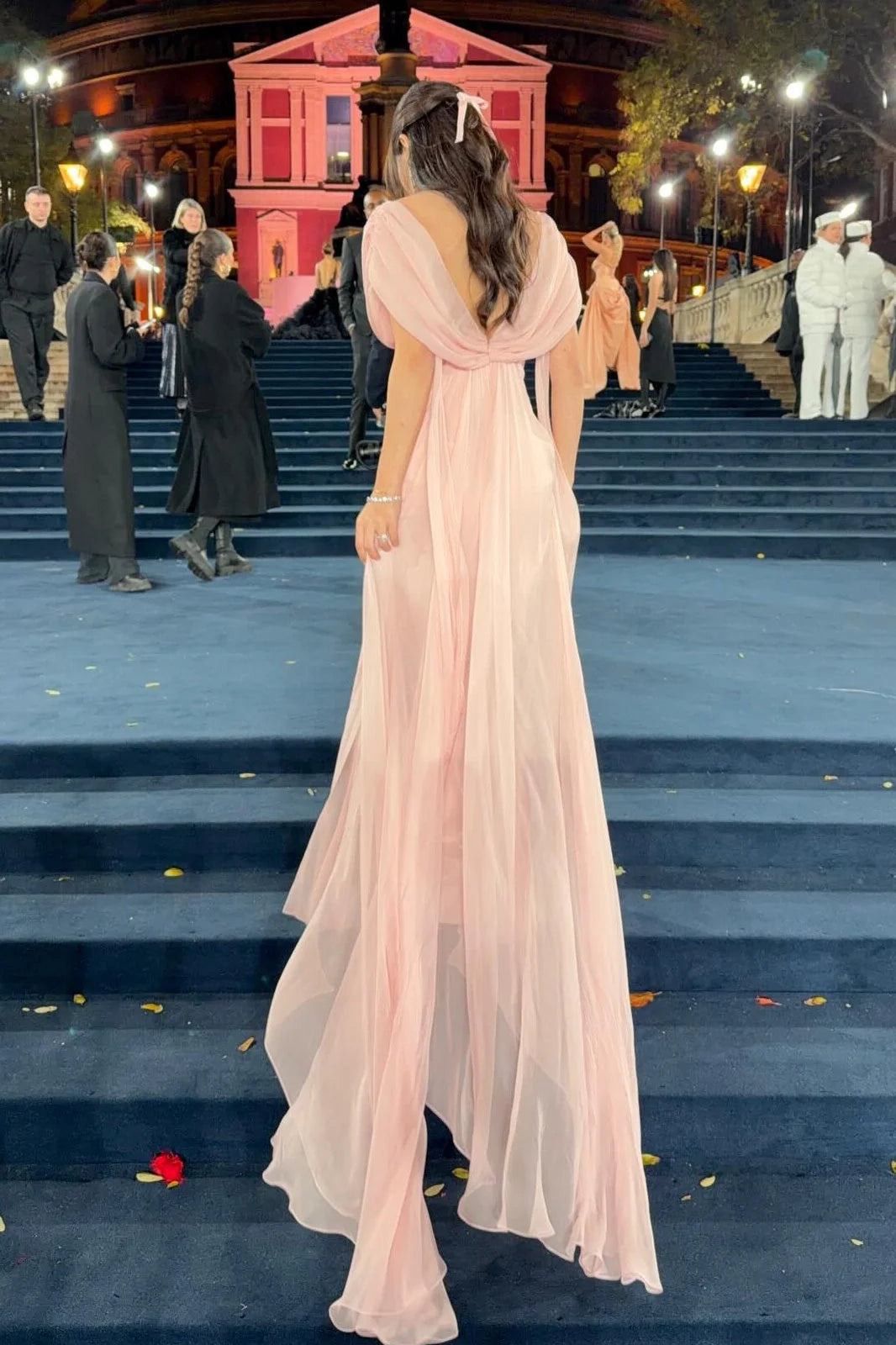 Elegant A Line V Neck Pink Chiffon Long Prom Dress with Ruffles SH7622