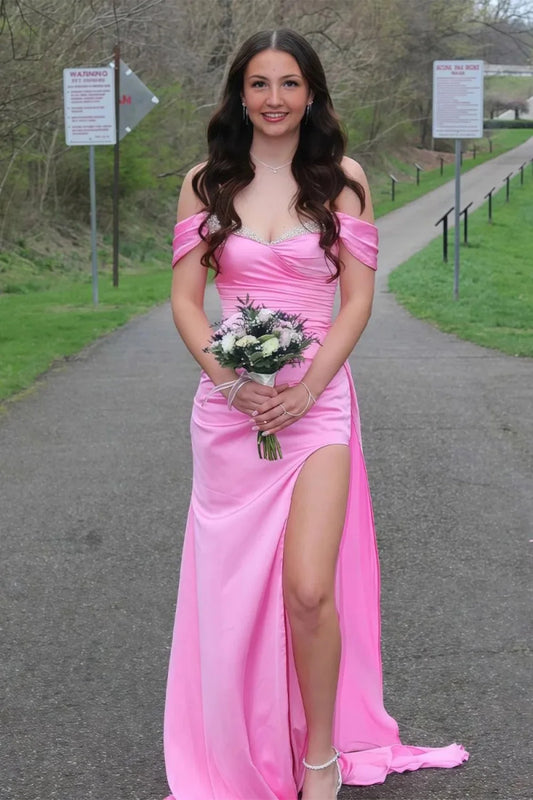 Sweety Mermaid Off the Shoulder Pink Long Prom Dress with Beading SH8146