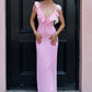 Sweety Sheath V Neck Pink Long Prom Dress with Ruffles SH7799