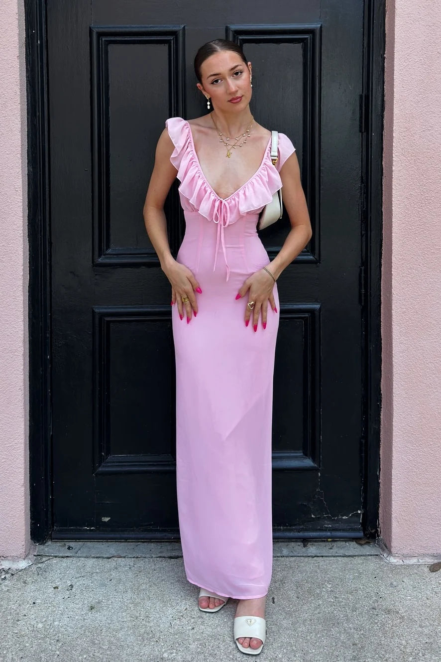 Sweety Sheath V Neck Pink Long Prom Dress with Ruffles SH7799