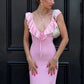 Sweety Sheath V Neck Pink Long Prom Dress with Ruffles SH7799