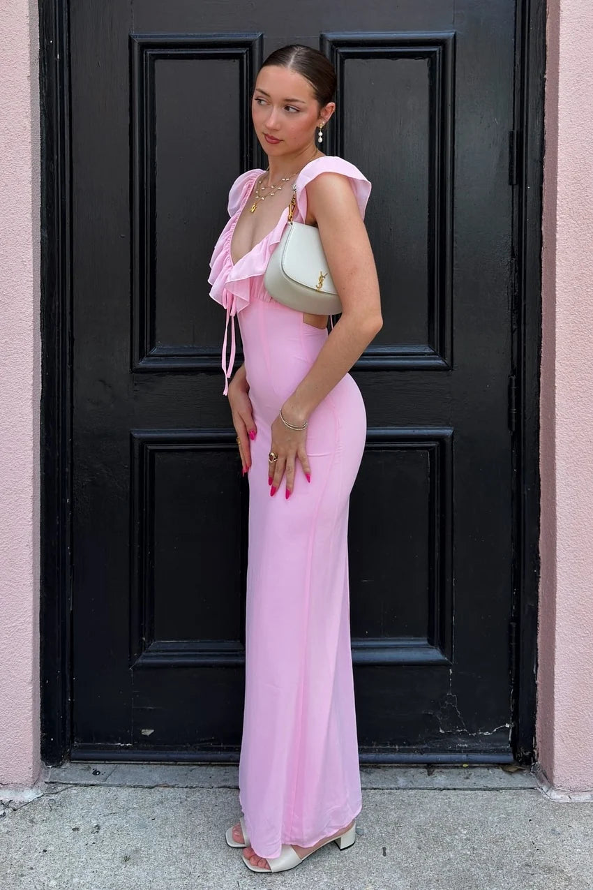 Sweety Sheath V Neck Pink Long Prom Dress with Ruffles SH7799