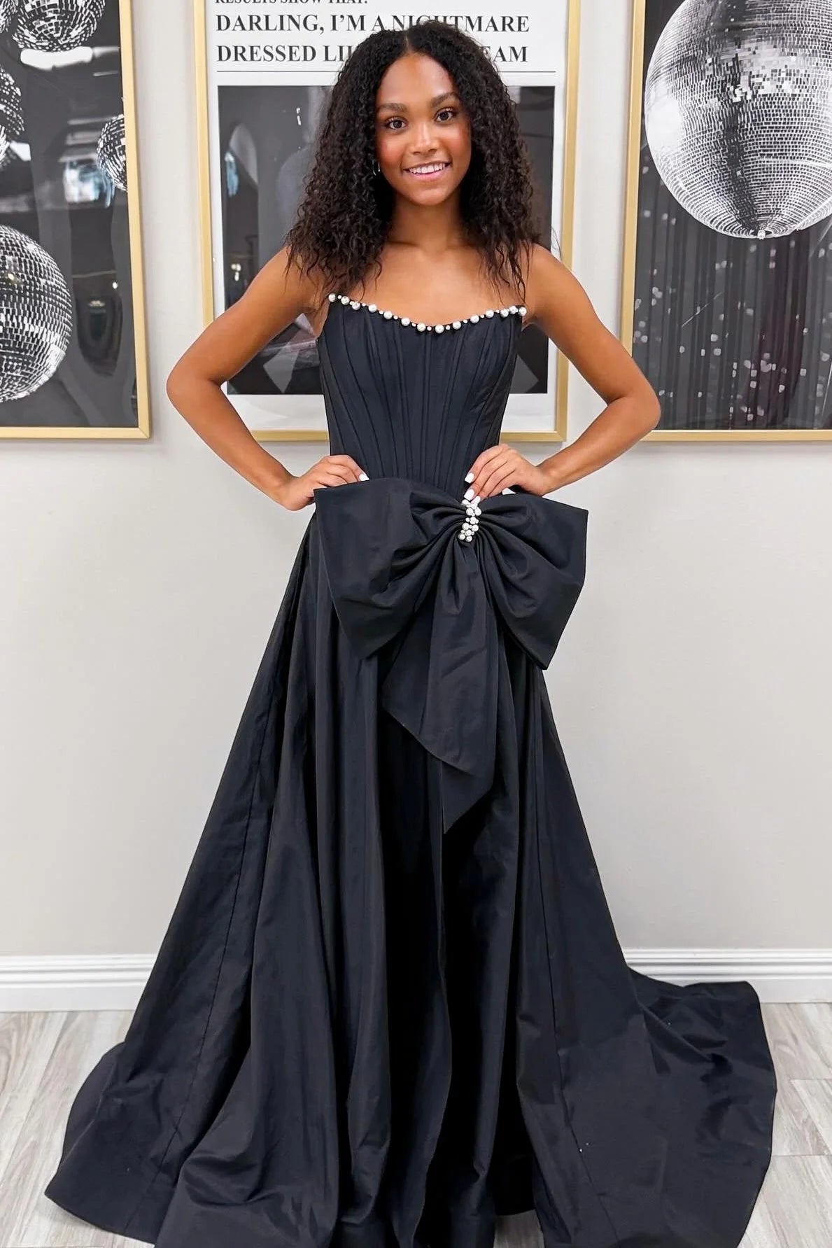 Pretty A Line Strapless Black Corset Prom Dress with Bowknot Pearls SH8133