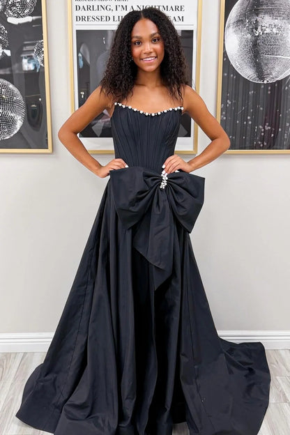 Pretty A Line Strapless Black Corset Prom Dress with Bowknot Pearls SH8133