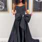 Pretty A Line Strapless Black Corset Prom Dress with Bowknot Pearls SH8133