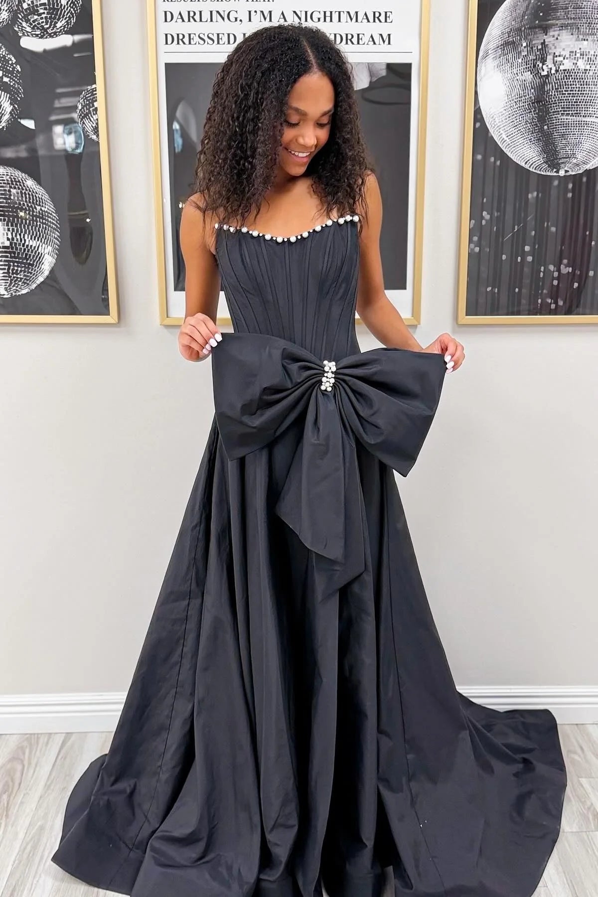 Pretty A Line Strapless Black Corset Prom Dress with Bowknot Pearls SH8133