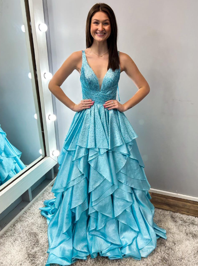 Beautiful A Line V Neck Blue Beaded Layered Satin Long Prom Dress Evening Dress SH6778