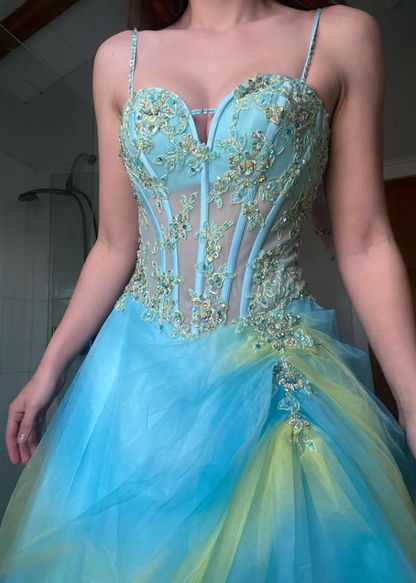 Vintage Summer Green Blue Ombre Appliques Tulle Prom Dress Evening Dress SH5903