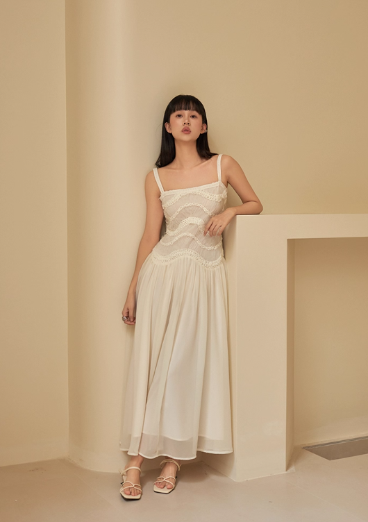 Simple A Line Spaghetti Strap Light Apricot Lace Chiffon Party Dress Outfits SH4728