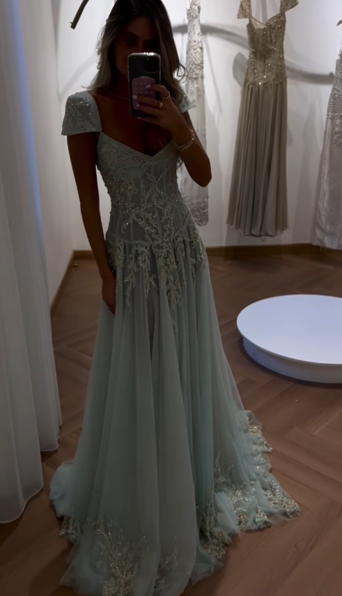 Baby Blue A Line Exquisite Beaded Tulle Prom Dress Wedding Guest Dress SH4723