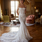 Glamorous Mermaid Off the Shoulder White Lace Long Train Wedding Dress SH7150