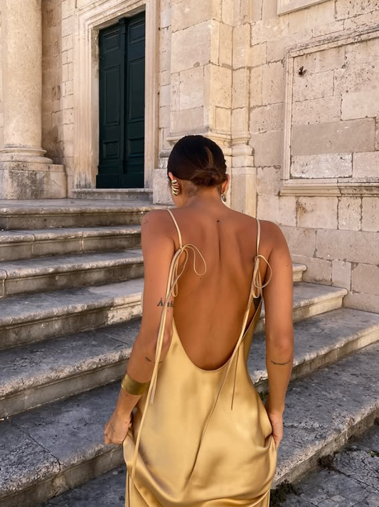 Simple Pecan Bronze A Line Spaghetti Strap Satin Open Back Prom Dress Wedding Guest Dress SH4450
